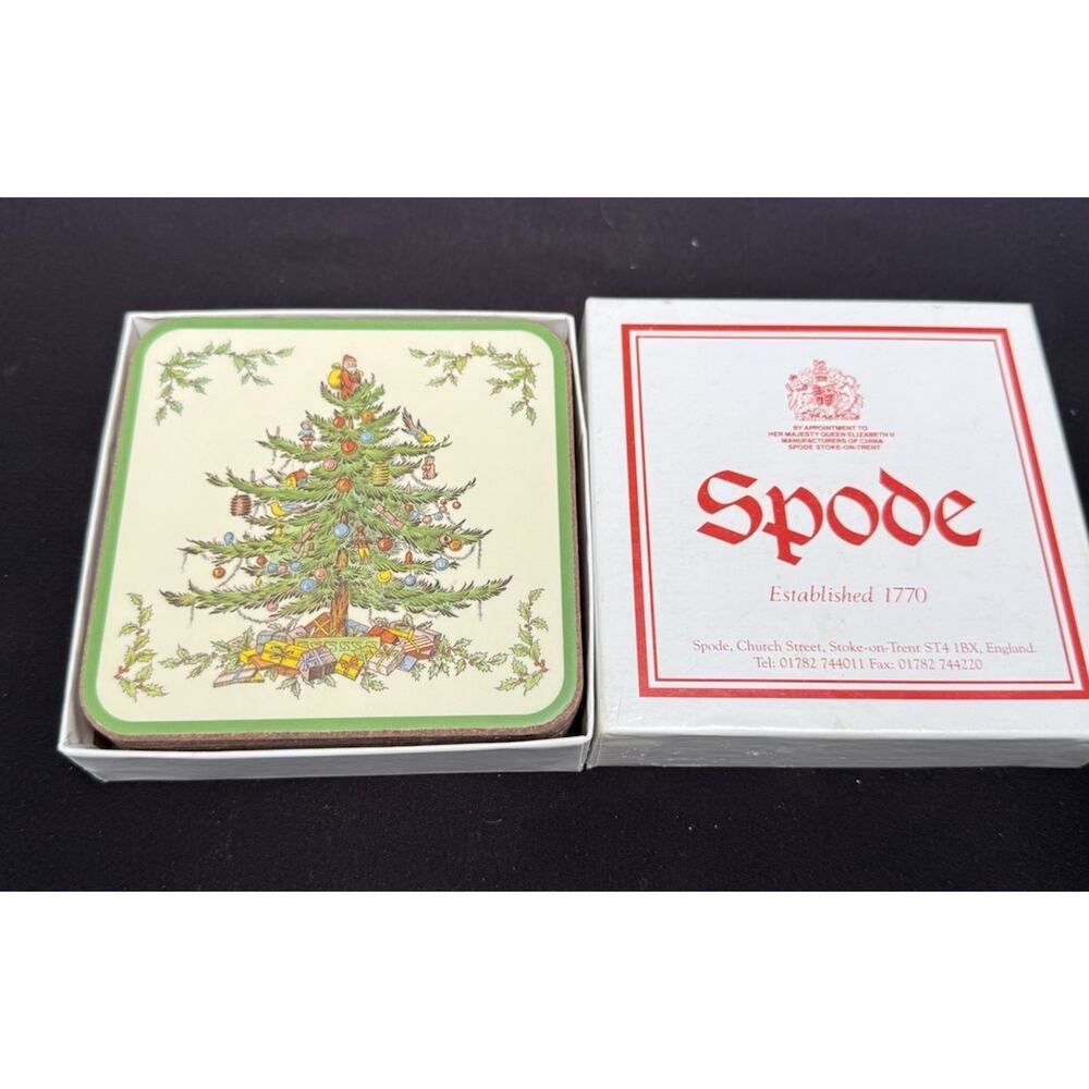 Spode Christmas Tree Holiday Coasters with Cork Backed Board Set of 6 MIB -C25
